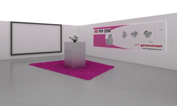 Installation simulating a product presentation (ISO pop corn, billboard, teaser, plinth, carpet)